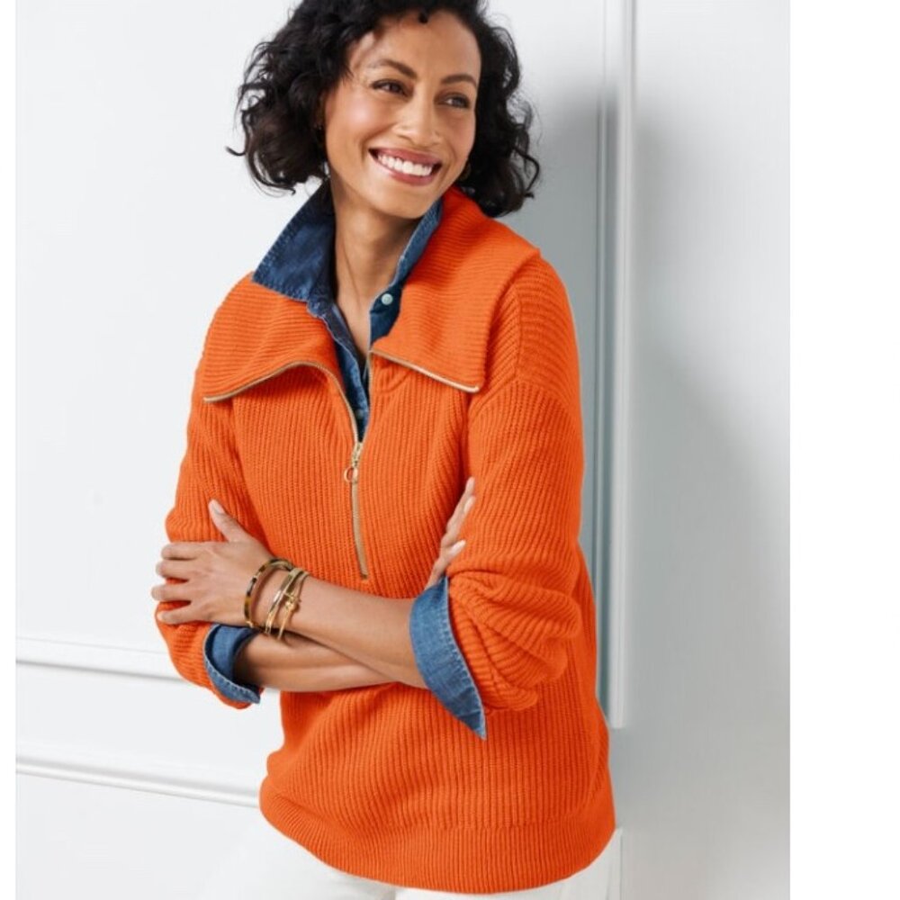 Talbots Orange Zip Collar Sweater; Half-Zip, Ribbed; Size Medium